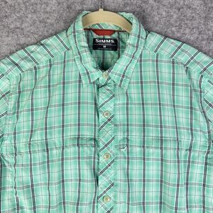 Simms Shirt Men M Green Plaid Performance Button Front Pockets Beach Boat Preppy